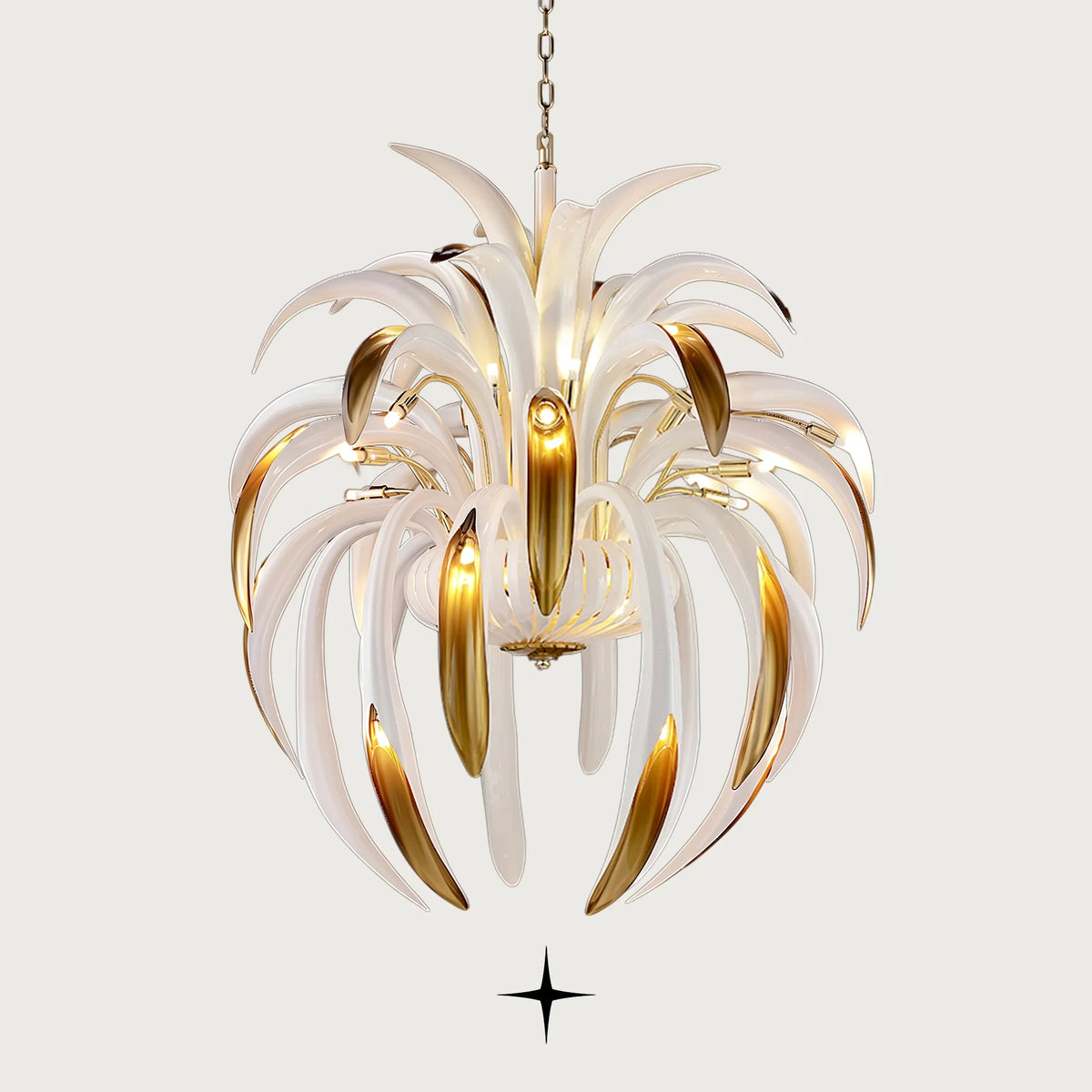 Bellarian Crystal Chandelier featuring cascading pure white glass petals and radiant gold accents with Bohemian crystal.
