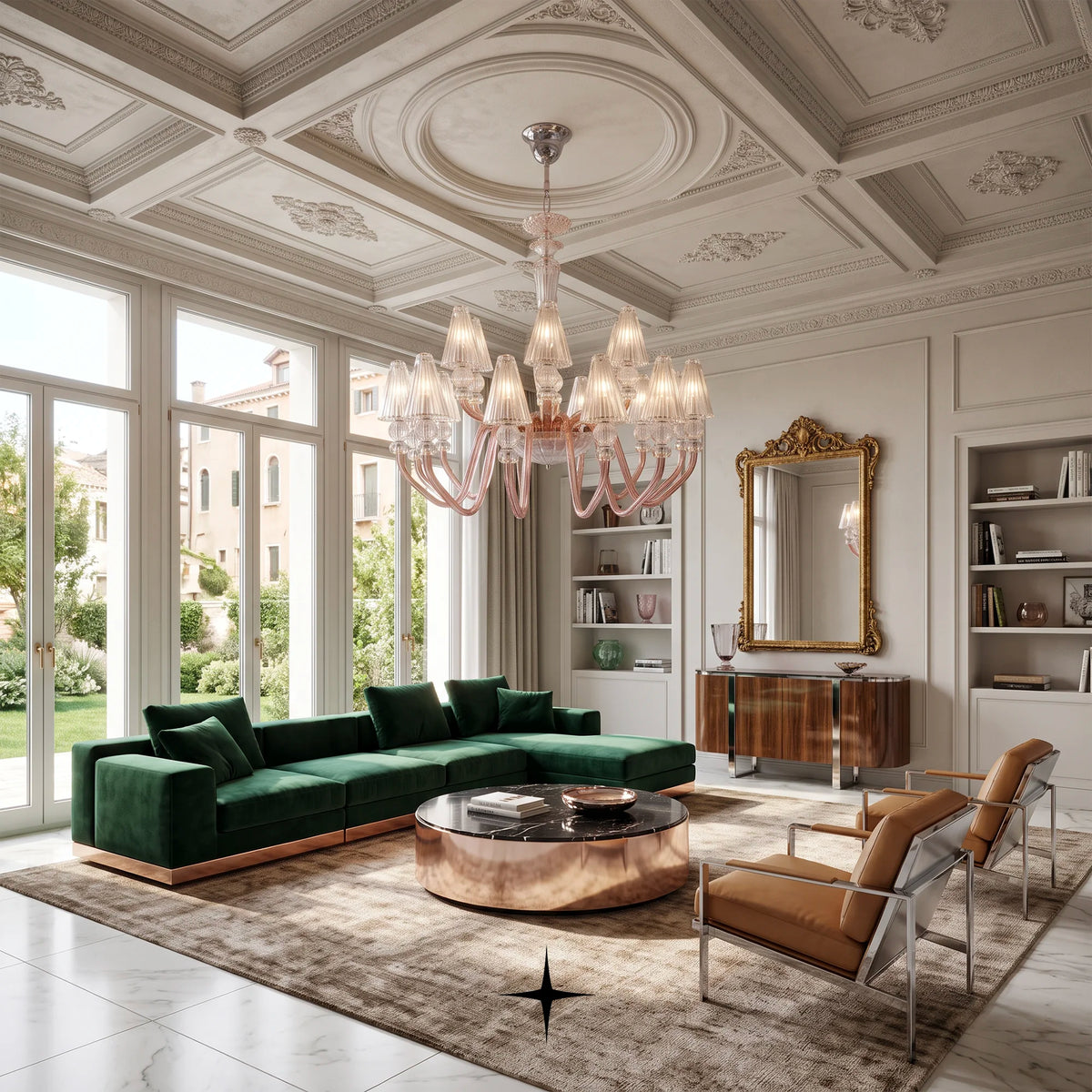 Muse Chandelier featuring elegant curved arms and detailed Bohemian crystal shades