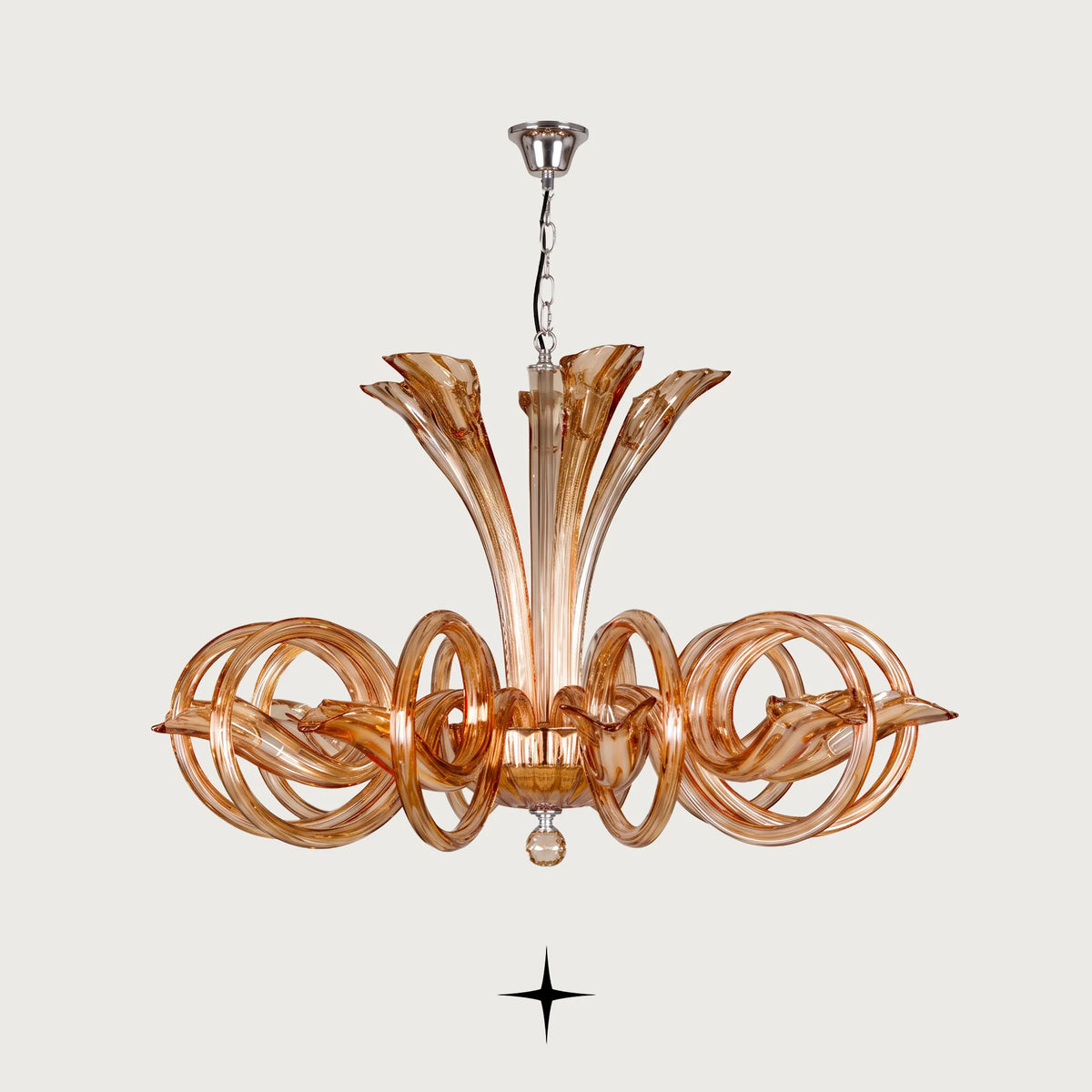Opal Chandelier featuring circular amber crystal glass rings encircling golden curved arms