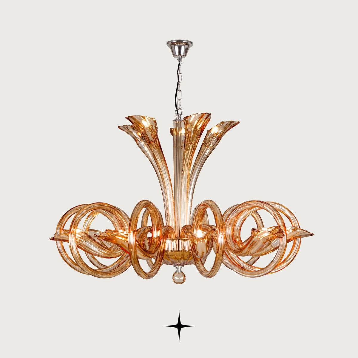 Opal Chandelier featuring circular amber crystal glass rings encircling golden curved arms