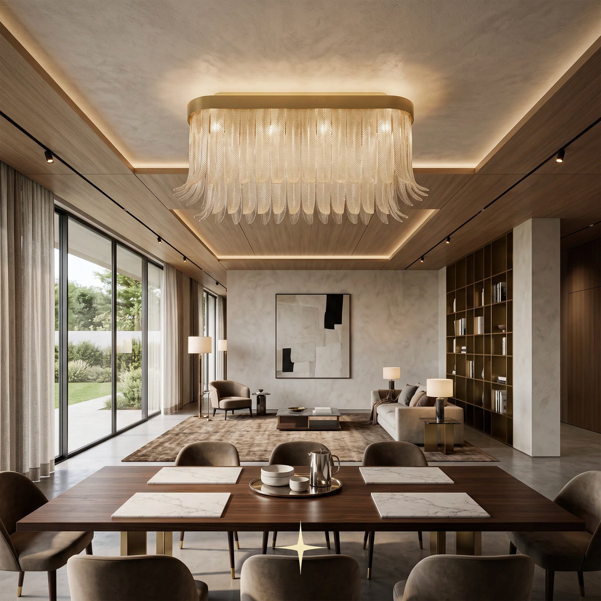 Oval Golden Falls chandelier installed above a long dining table in a grand interior