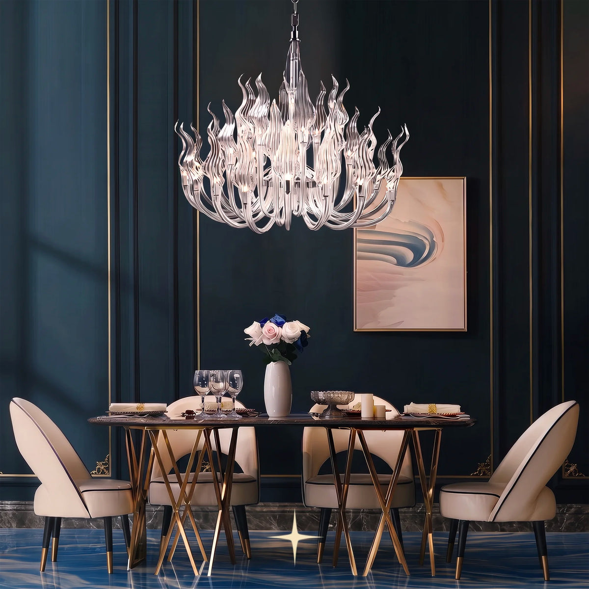 Anastasia glass flame chandelier suspended in a luxury modern dining space