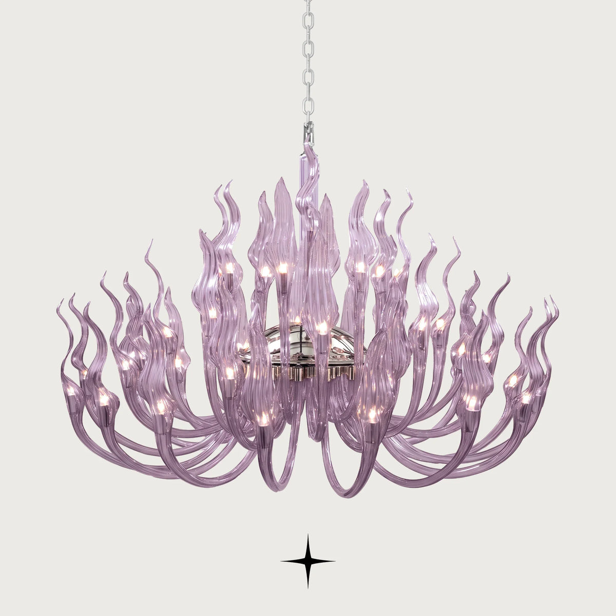 Anastasia purple Murano-style flame glass chandelier on light grey backdrop