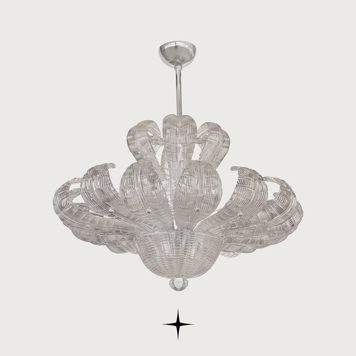 Full view of Angelica glass chandelier suspended by silver canopy and chain