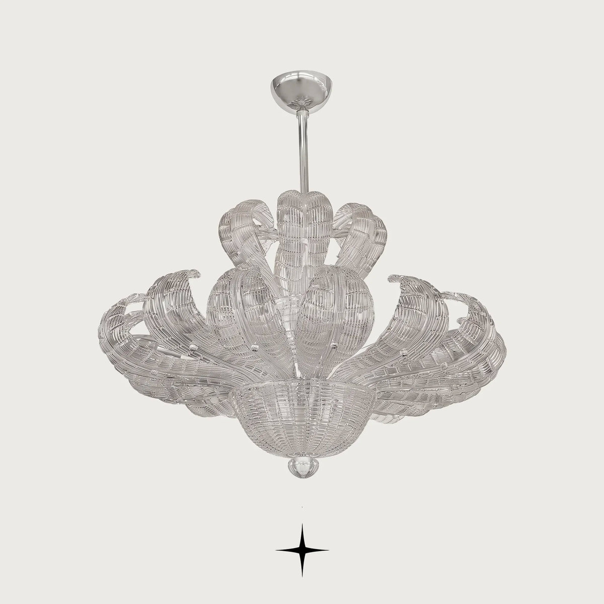 Full view of Angelica glass chandelier suspended by silver canopy and chain