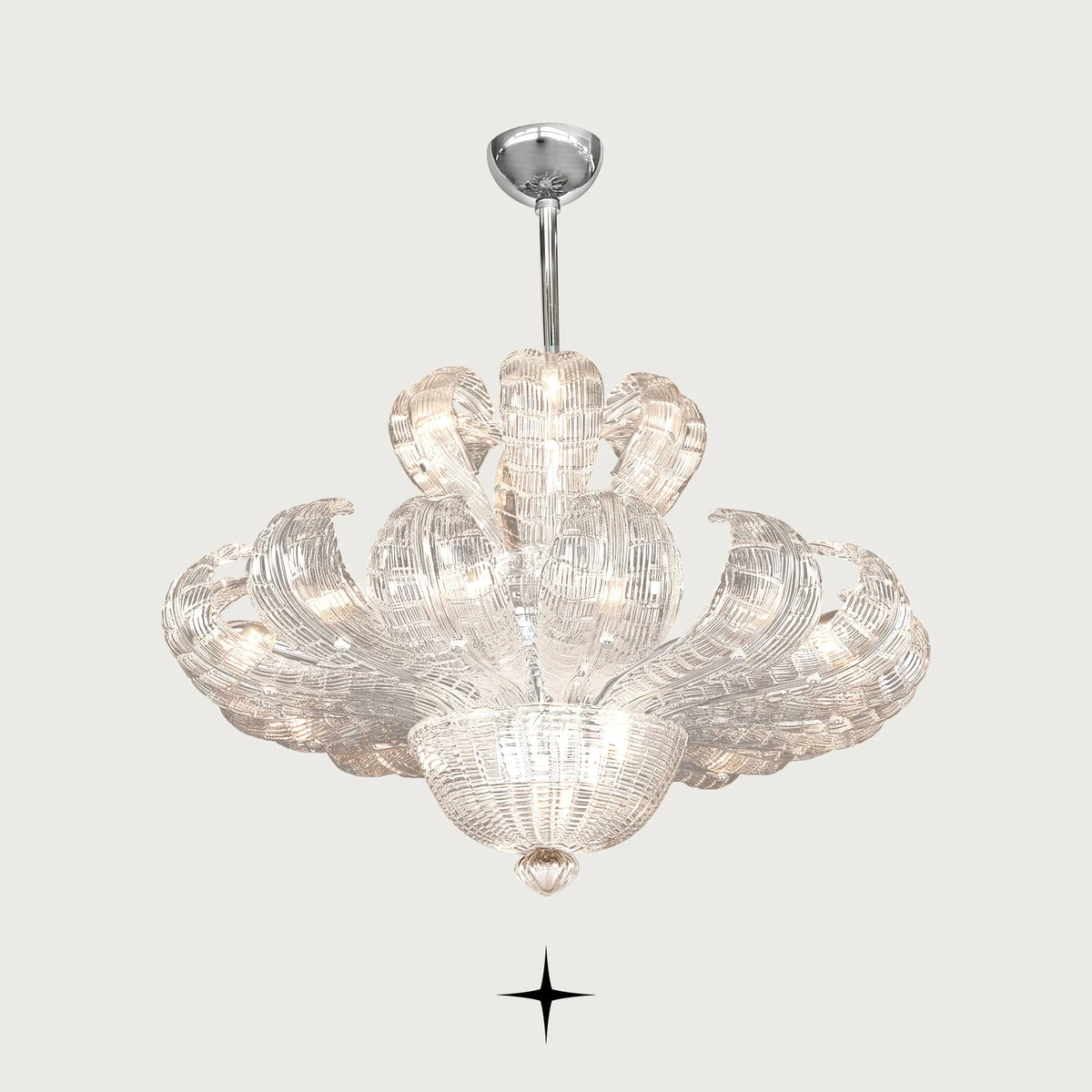 Full view of Angelica glass chandelier suspended by silver canopy and chain
