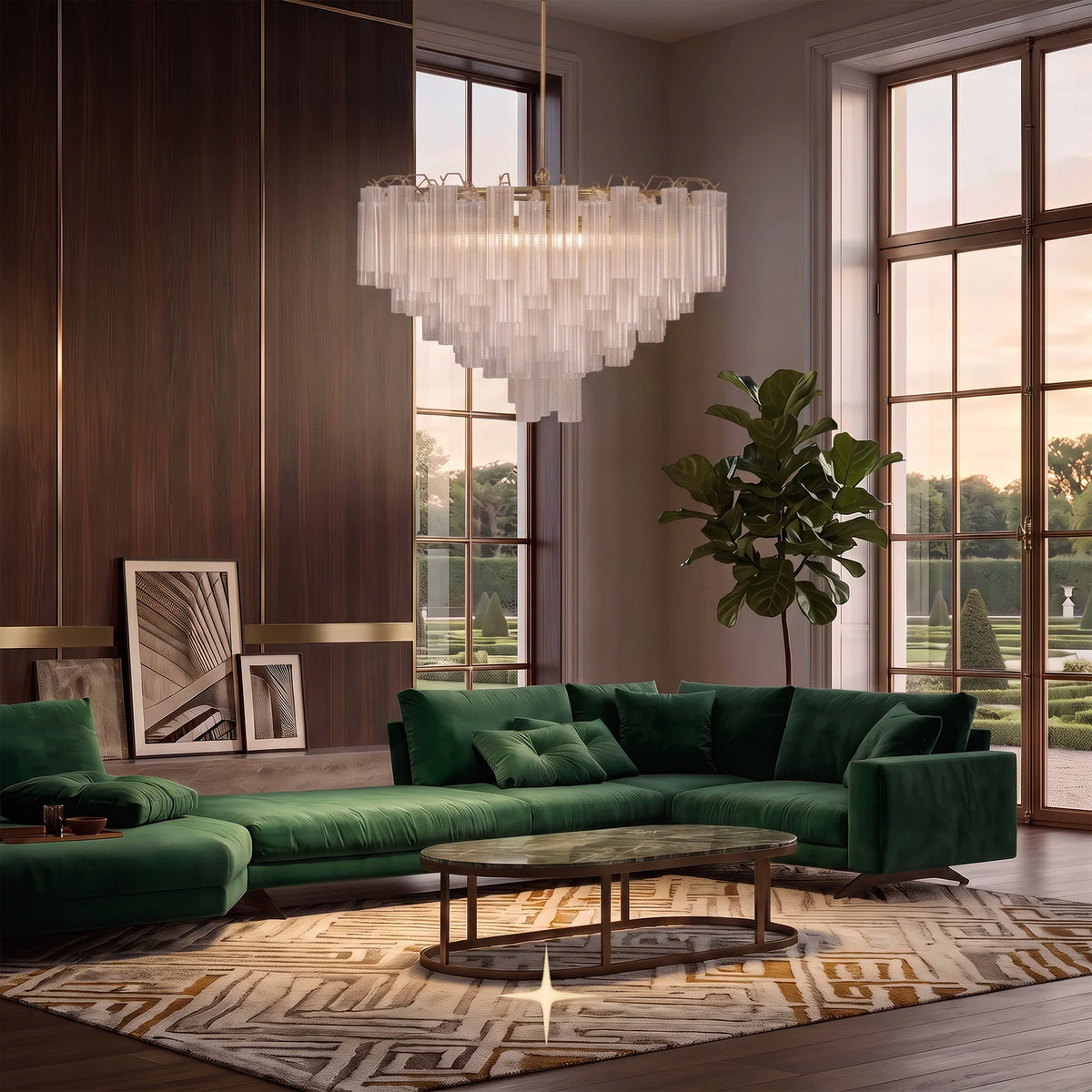 A luxury modern living room featuring a plush emerald green sectional sofa, a matching green chaise lounge, a large astra glass chandelier, and a geometric patterned rug.