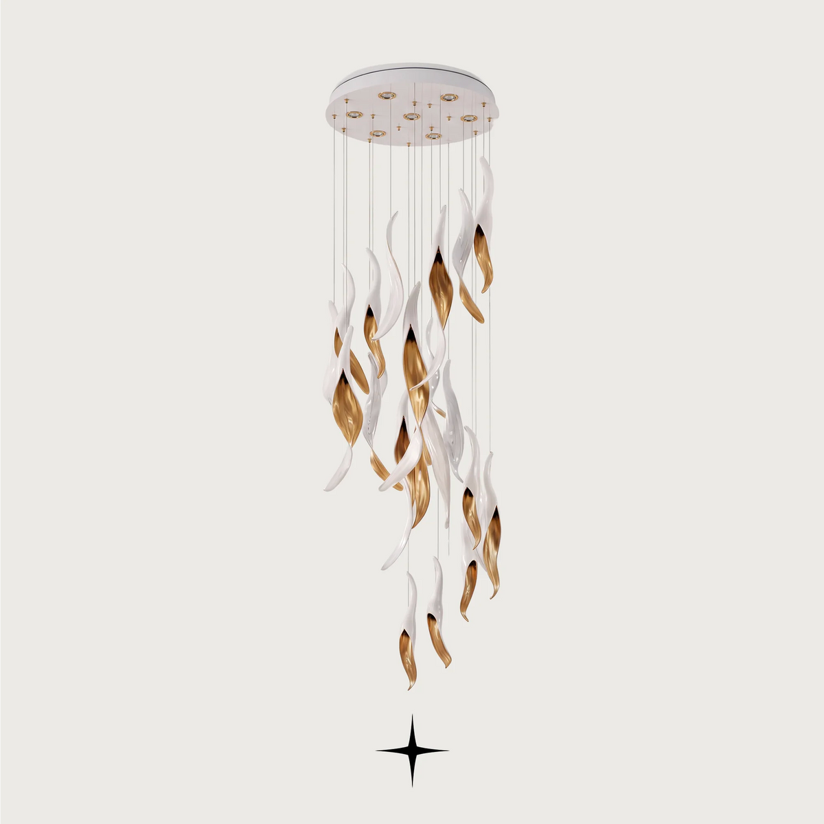 Aura Chandelier featuring a stunning display of movement, dripping golden crystals, and mesmerizing light reflections.