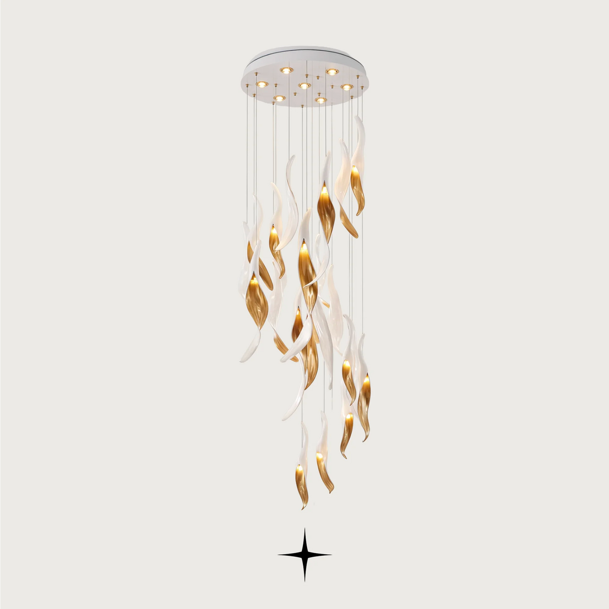 Aura Chandelier featuring a stunning display of movement, dripping golden crystals, and mesmerizing light reflections.