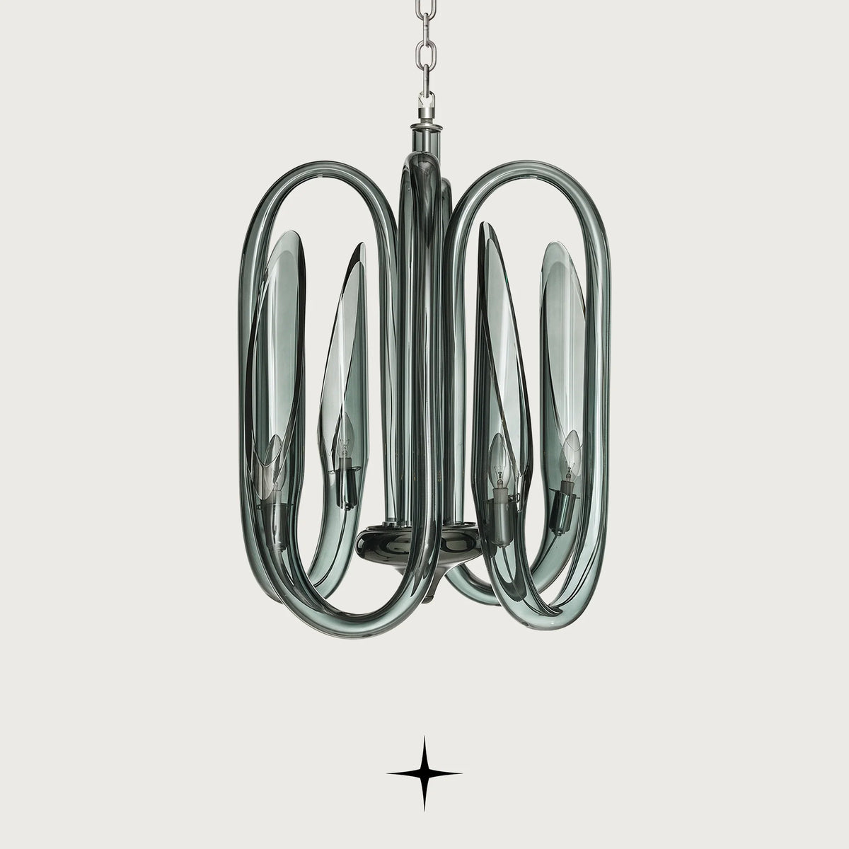 Ava crystal arm chandelier in dark green tinted glass with curved loop design