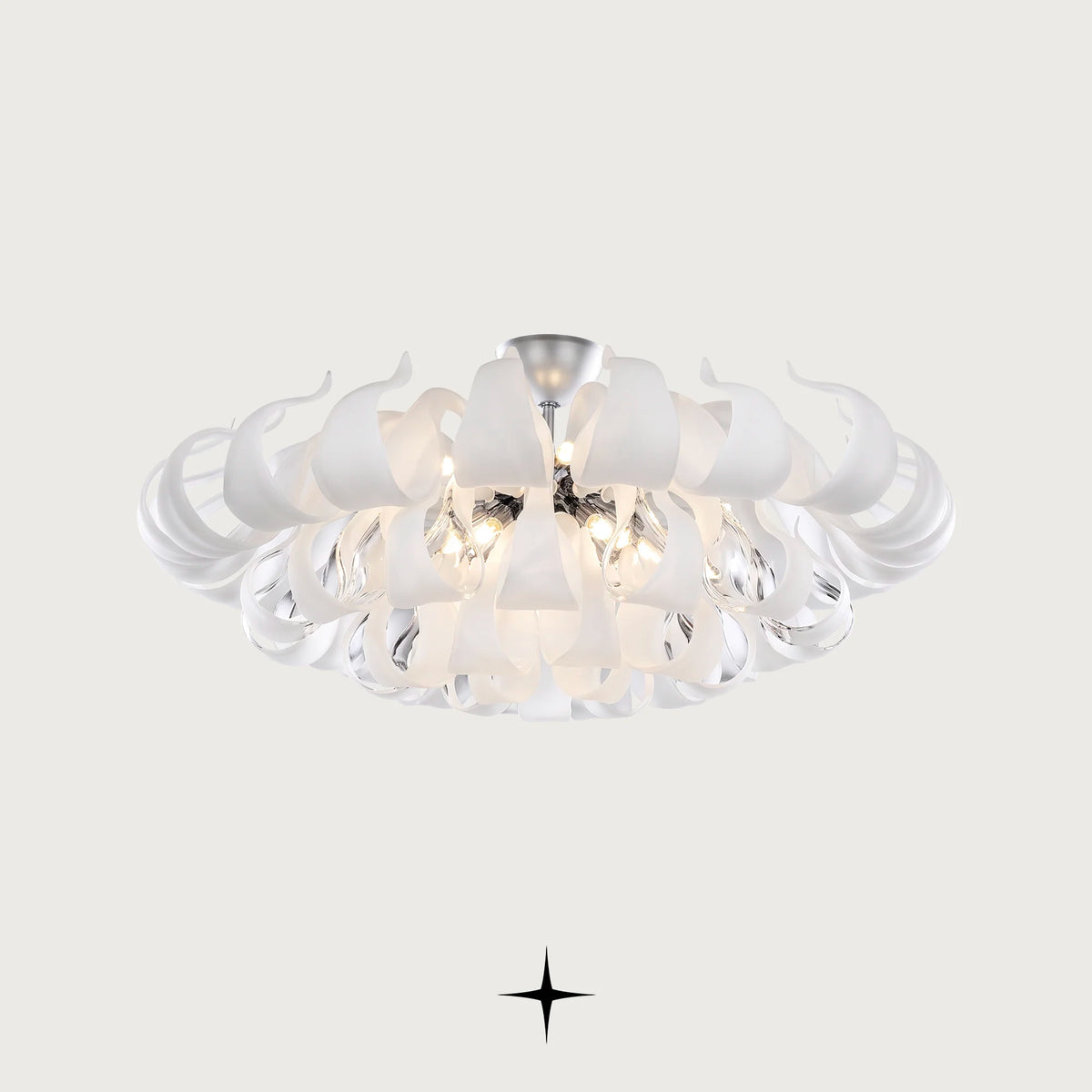 Beatrix Chandelier featuring gracefully curved white bohemian crystal arms in 3-tier and 4-tier options