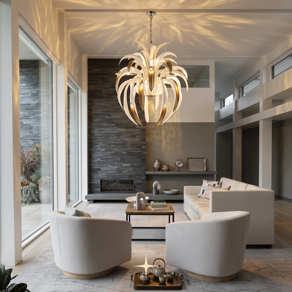 Bellarian floral crystal chandelier suspended in a modern luxury living room setting