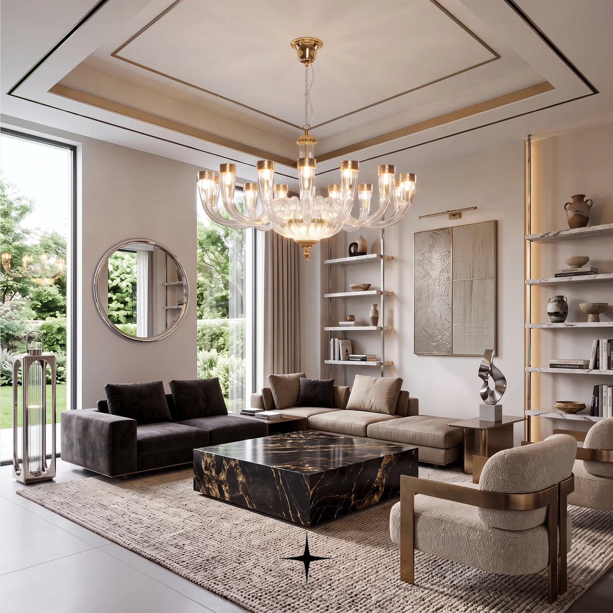 Bianca Chandelier featuring chic elongated crystal arms with gold and silver finishes in three sizes