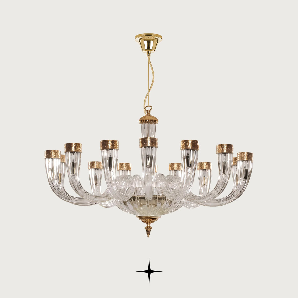 Bianca Chandelier featuring chic elongated crystal arms with gold and silver finishes in three sizes