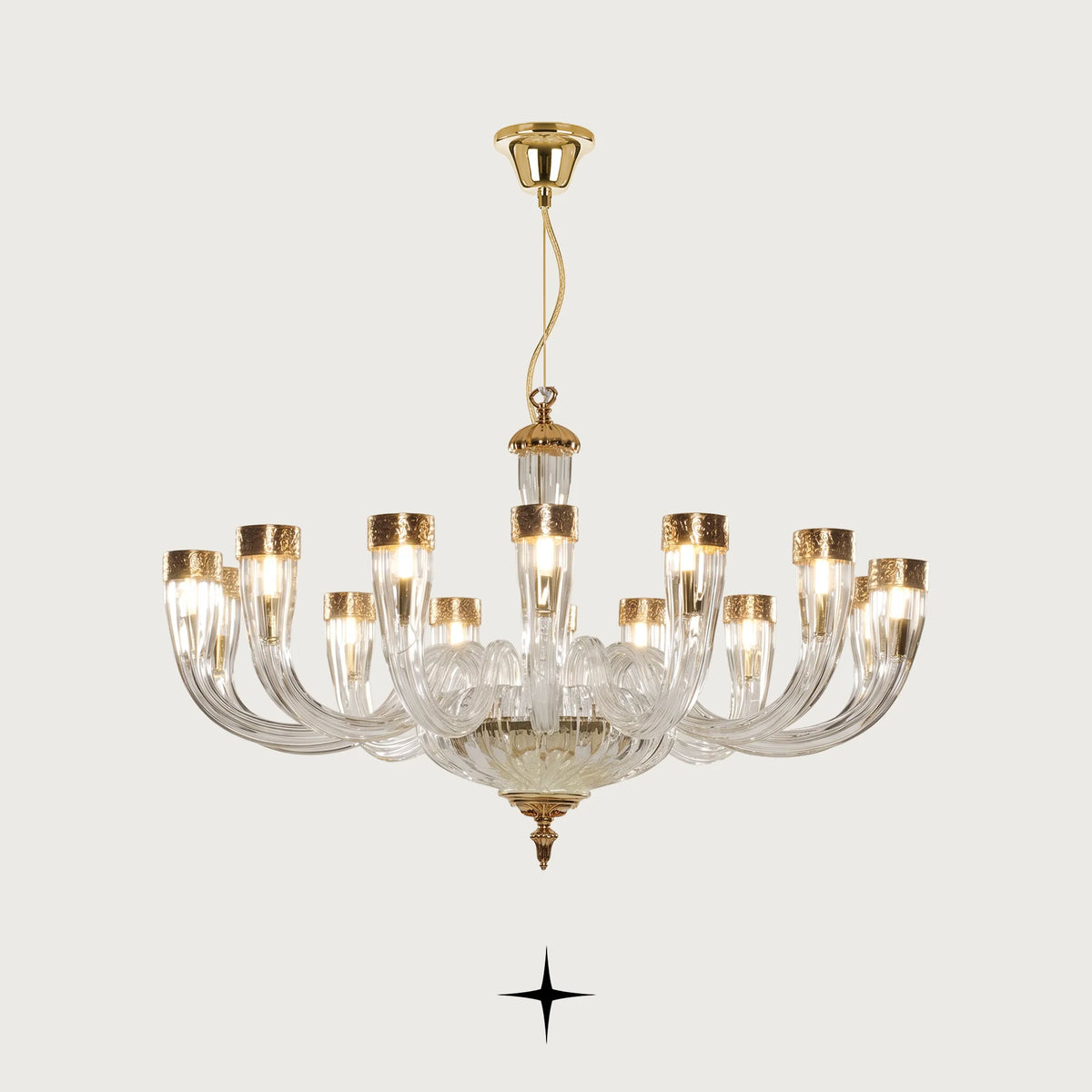 Bianca Chandelier featuring chic elongated crystal arms with gold and silver finishes in three sizes