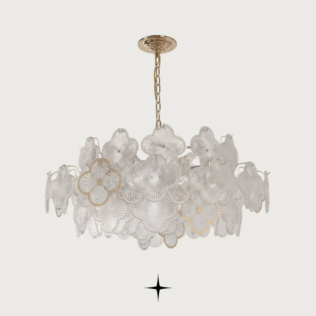Bouquet Chandelier featuring Murano-style flower-shaped glass in clear brilliance and a luxurious golden structure
