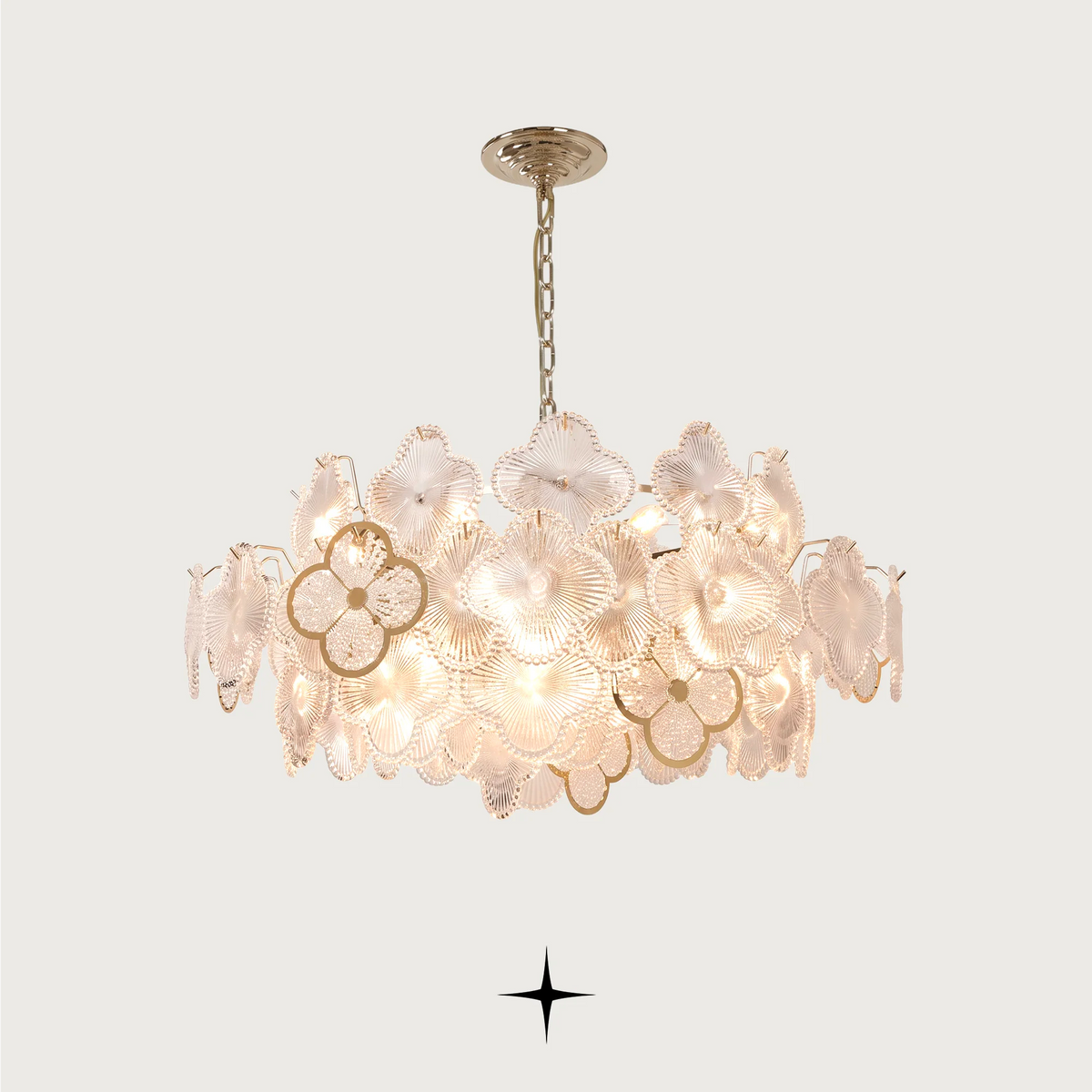 Bouquet luxury chandelier featuring clear Murano-style glass flowers with gold frame