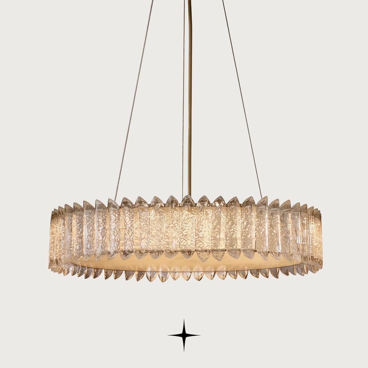 Calgary round chandelier with handcrafted Murano glass elements and golden structure on black background