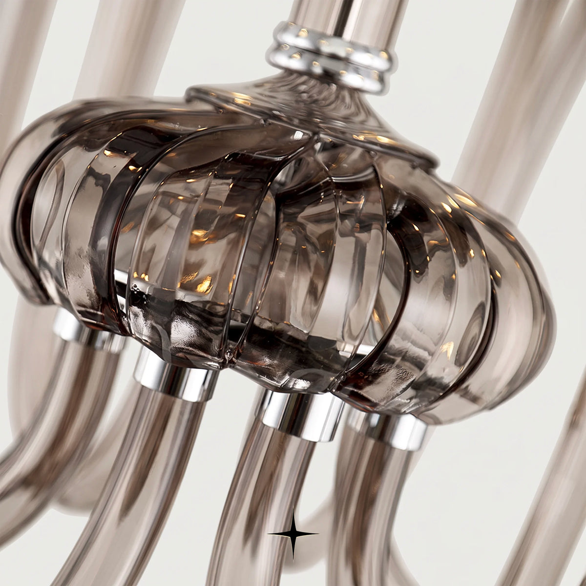 Celine Chandelier featuring elegant smoked grey handcrafted crystal glass arms blooming gracefully upwards