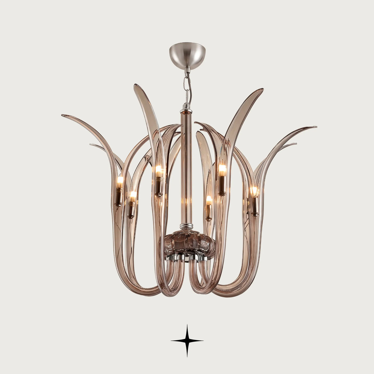 Celine Chandelier featuring elegant smoked grey handcrafted crystal glass arms blooming gracefully upwards