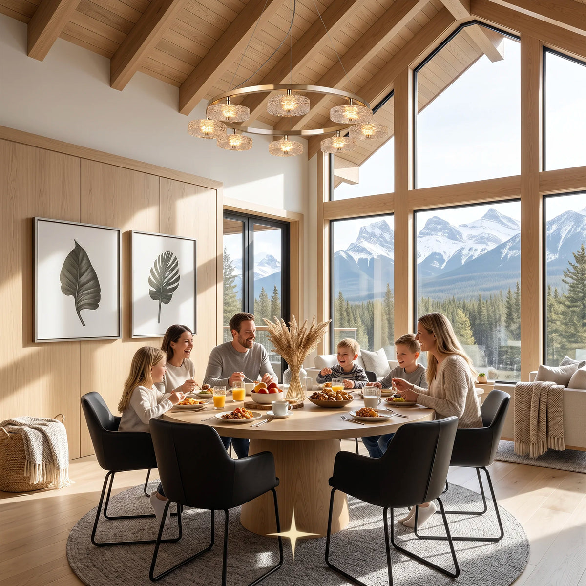 A family of five shares a meal around a round wooden dining table in a modern, sunlit dining room with large windows overlooking a mountain landscape. The room features light wood paneled walls, a wooden ceiling with exposed beams, and contemporary black chairs.