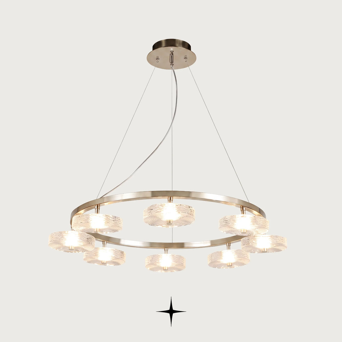 Charlotte modern ring chandelier with golden nickel structure and Murano glass discs on dark background