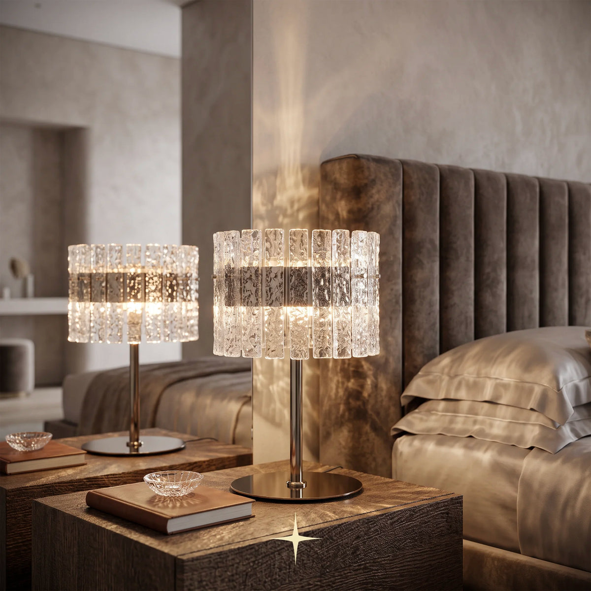 Chime rock crystal effect glass LED table lamp with golden nickel base on luxury interior