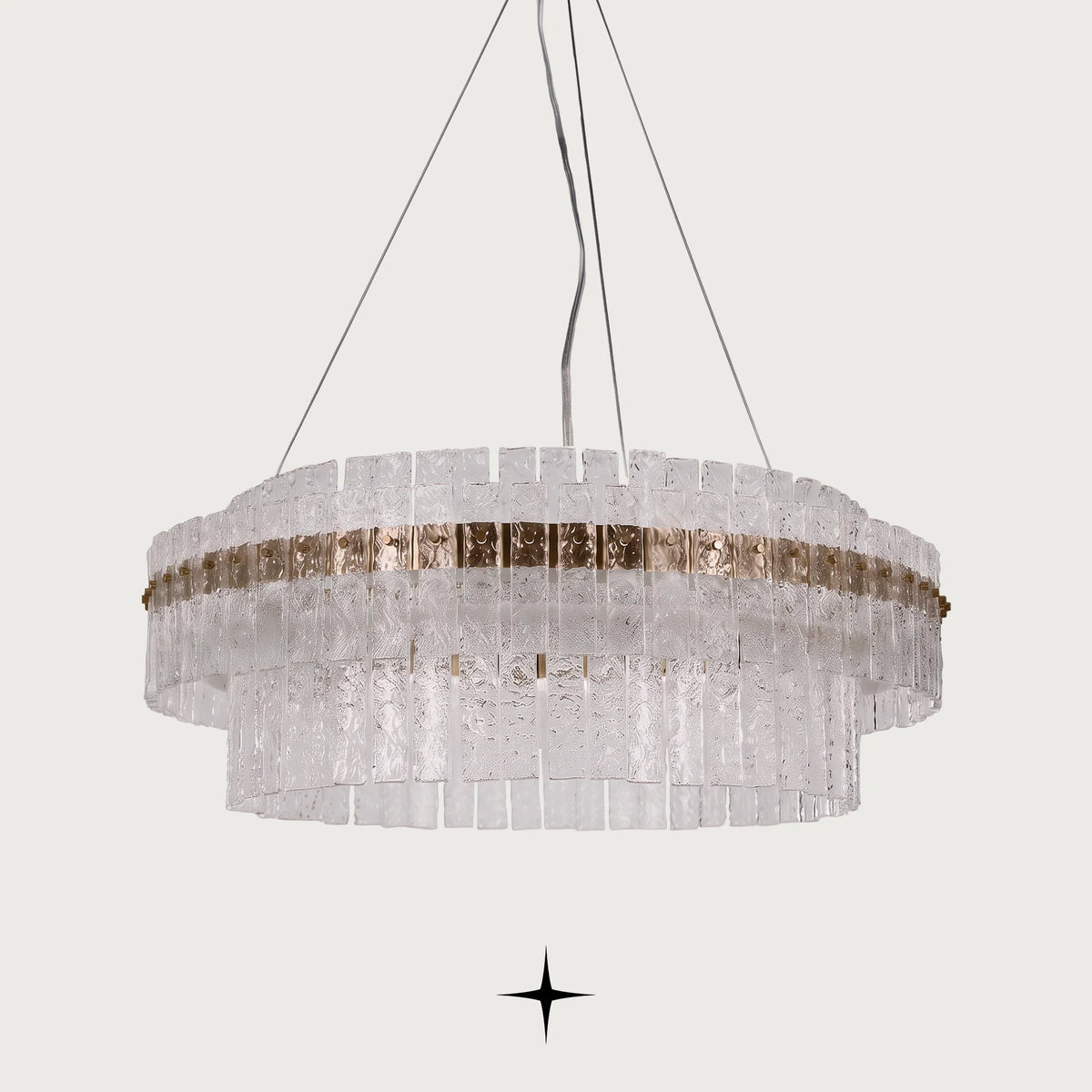 Chime round multi-tier crystal chandelier with gold frame and suspension cables