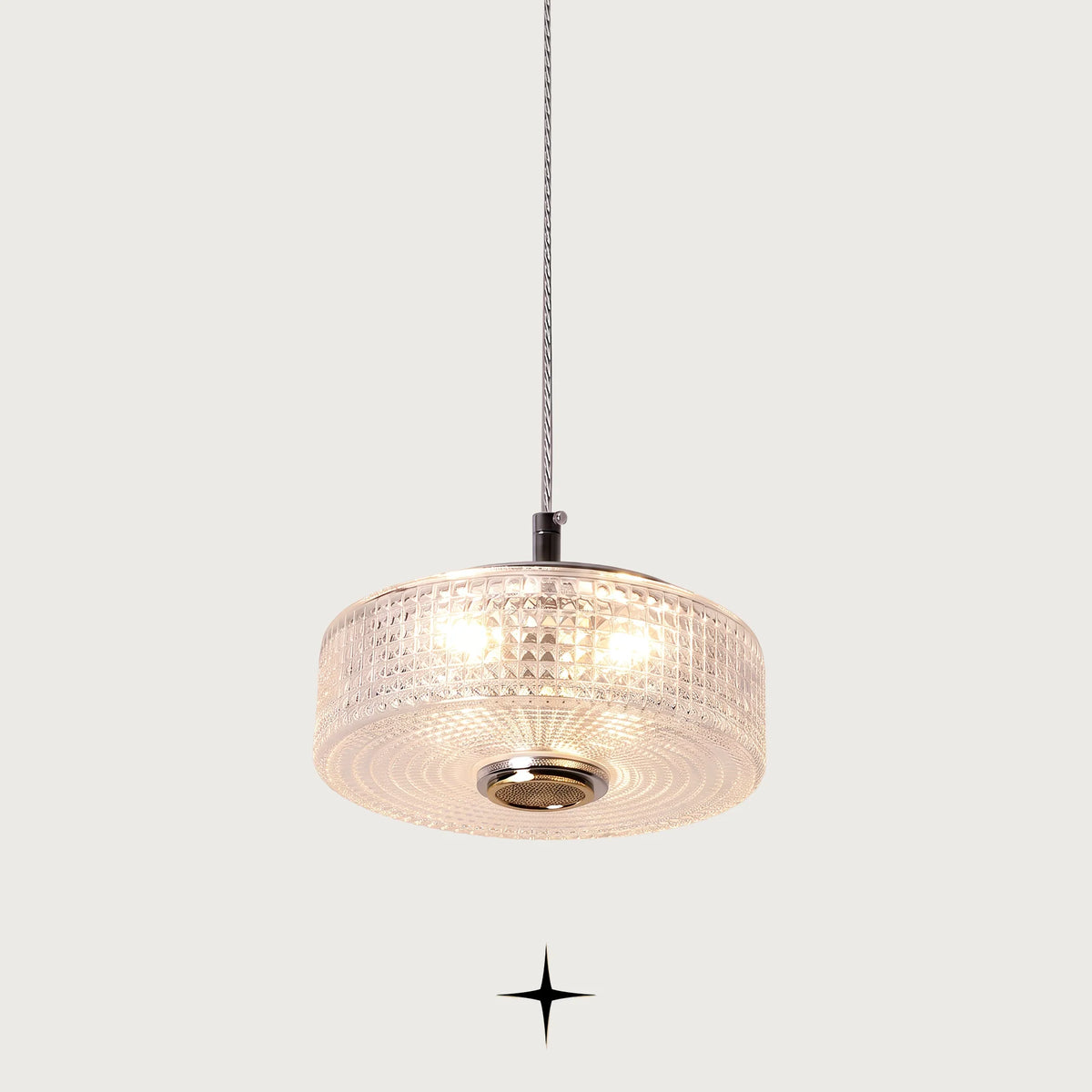 Cleo modern single light pendant with golden nickel structure and Murano glass dome on grey background
