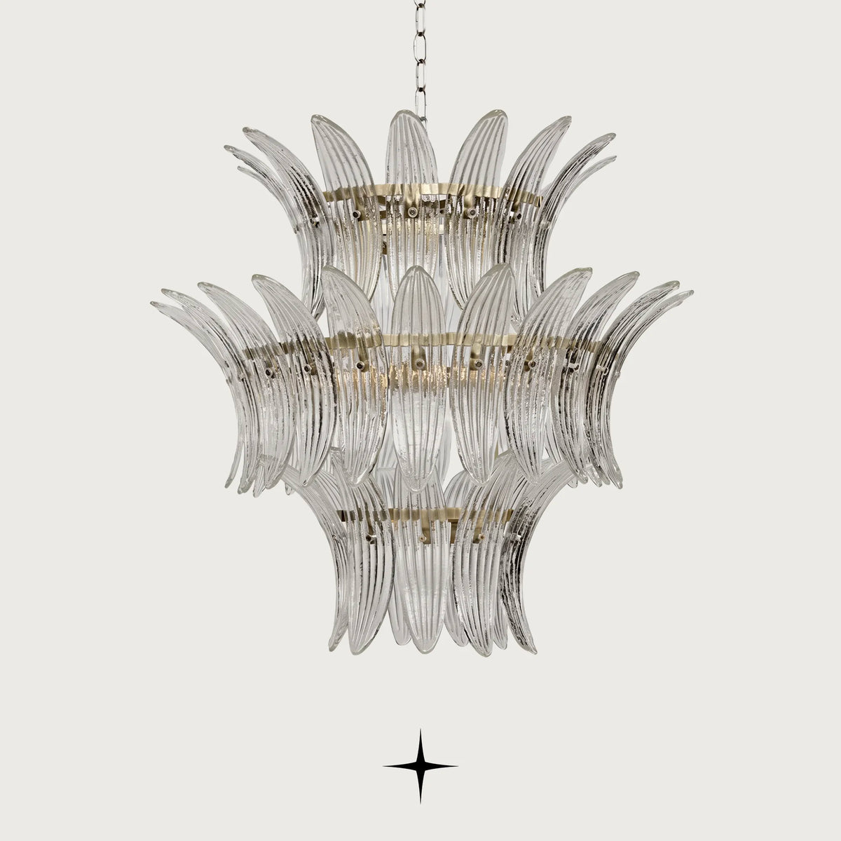 Crown multi-tier chandelier with clear leaf-shaped Murano style glass and gold frame