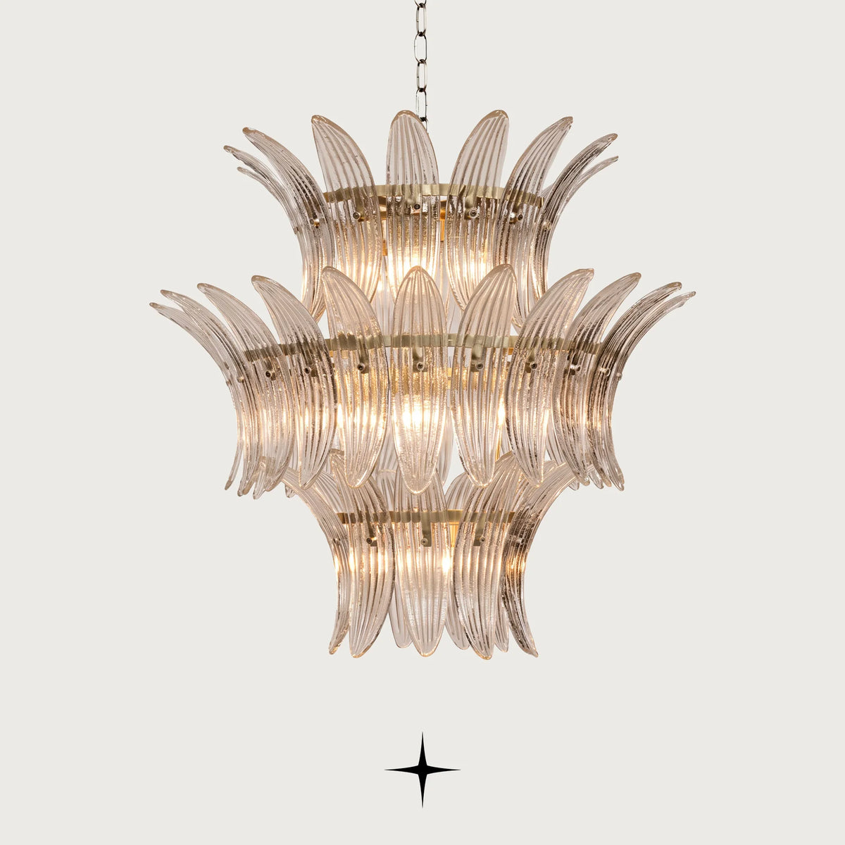 Crown multi-tier chandelier with clear leaf-shaped Murano style glass and gold frame