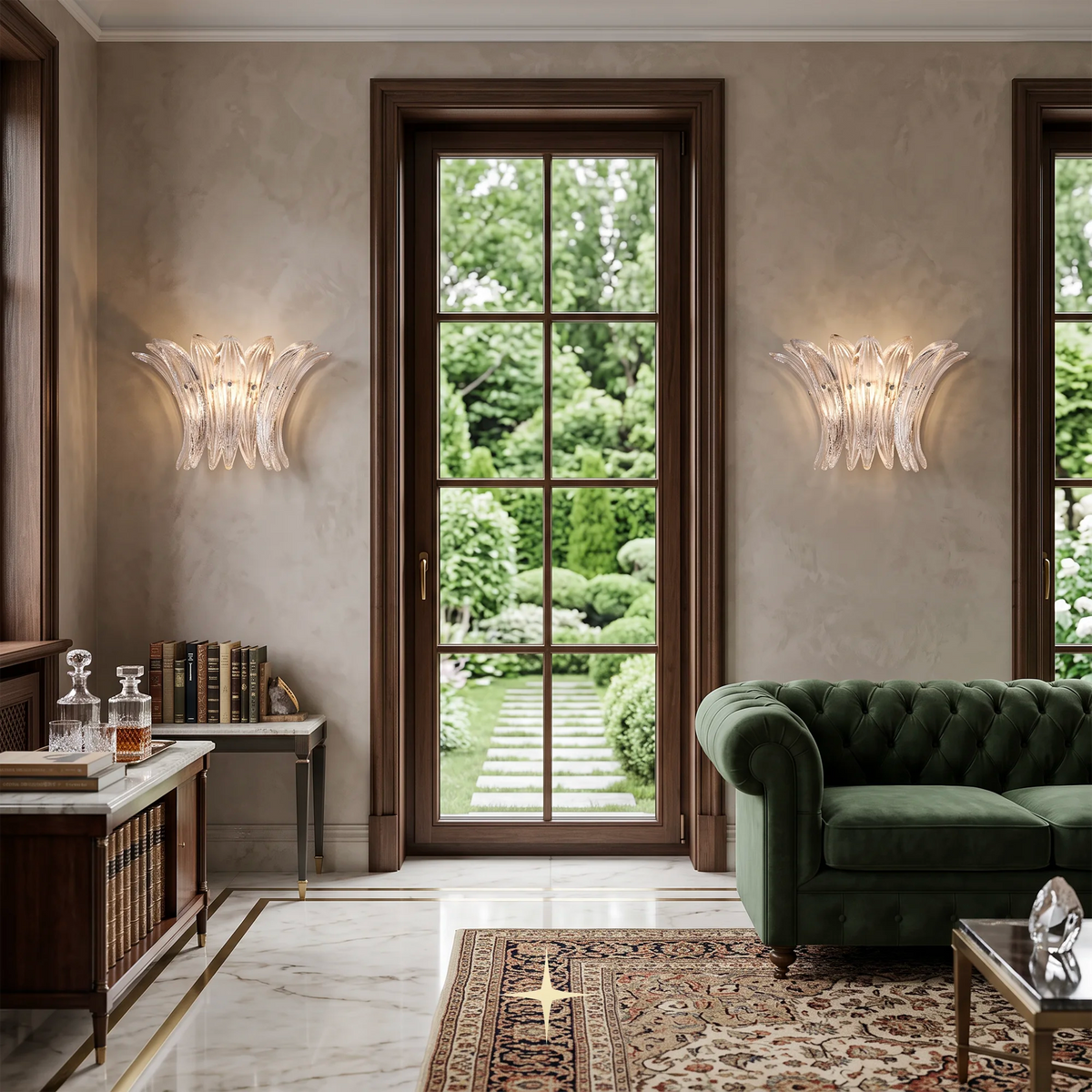 Crown Wall light fixture featuring Murano-style leaf-shaped glass and a luxurious golden frame.
