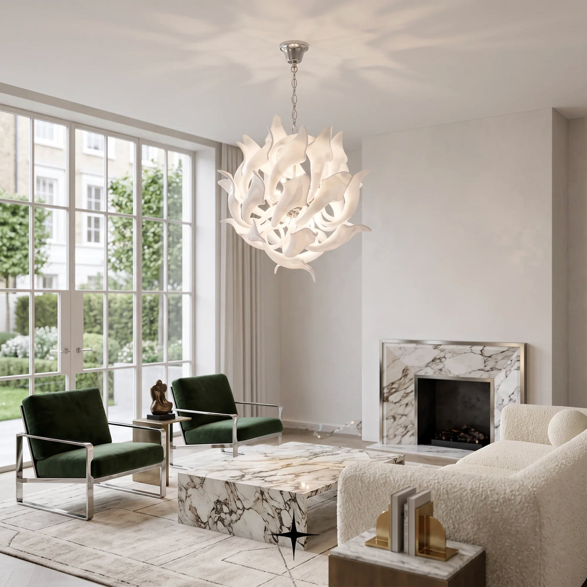 Daria Chandelier featuring 29 arms and 20 G9 LEDs with elegant elongated white crystal elements