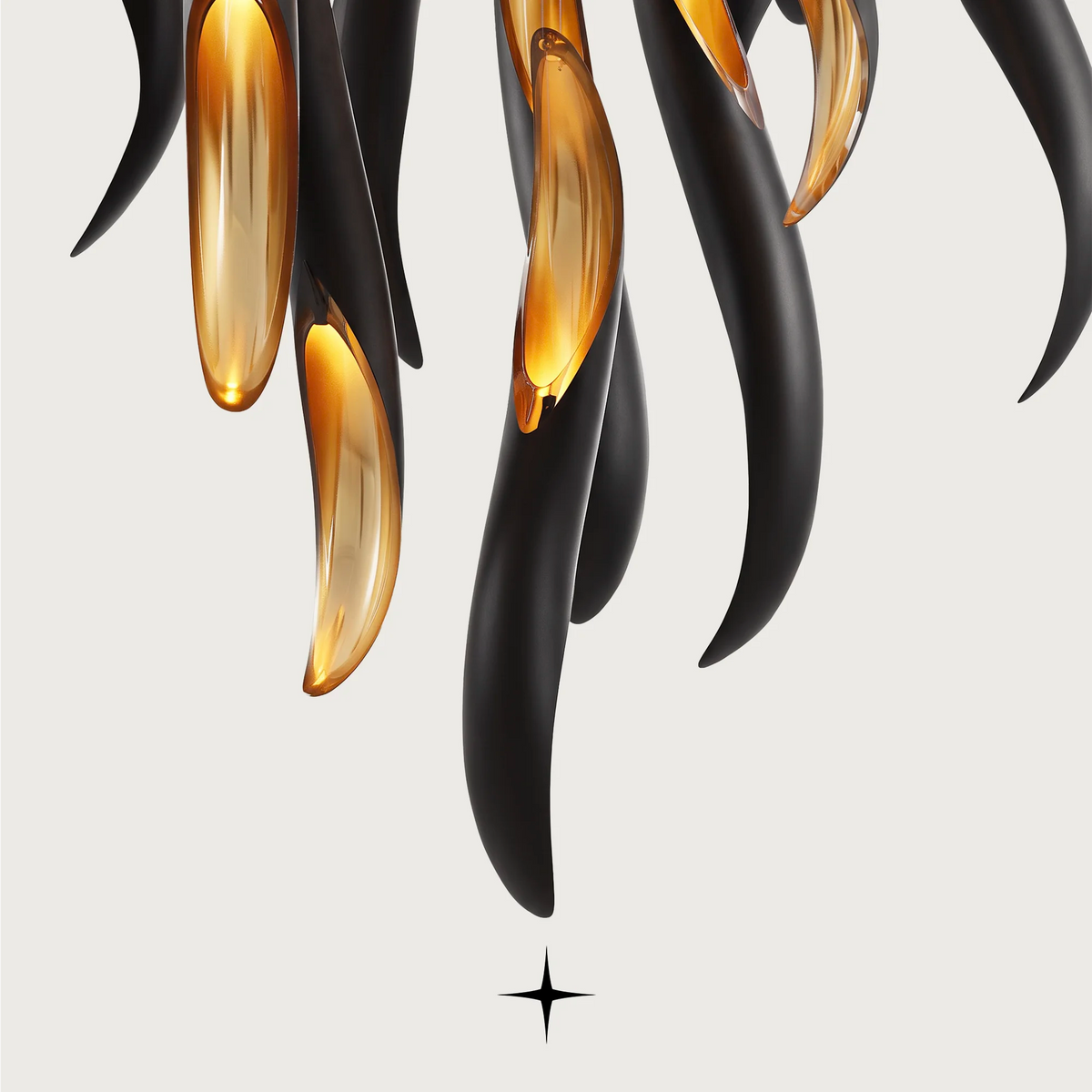 Darken Chandelier featuring a striking contrast of a dripping matte black layer over radiant golden crystals.