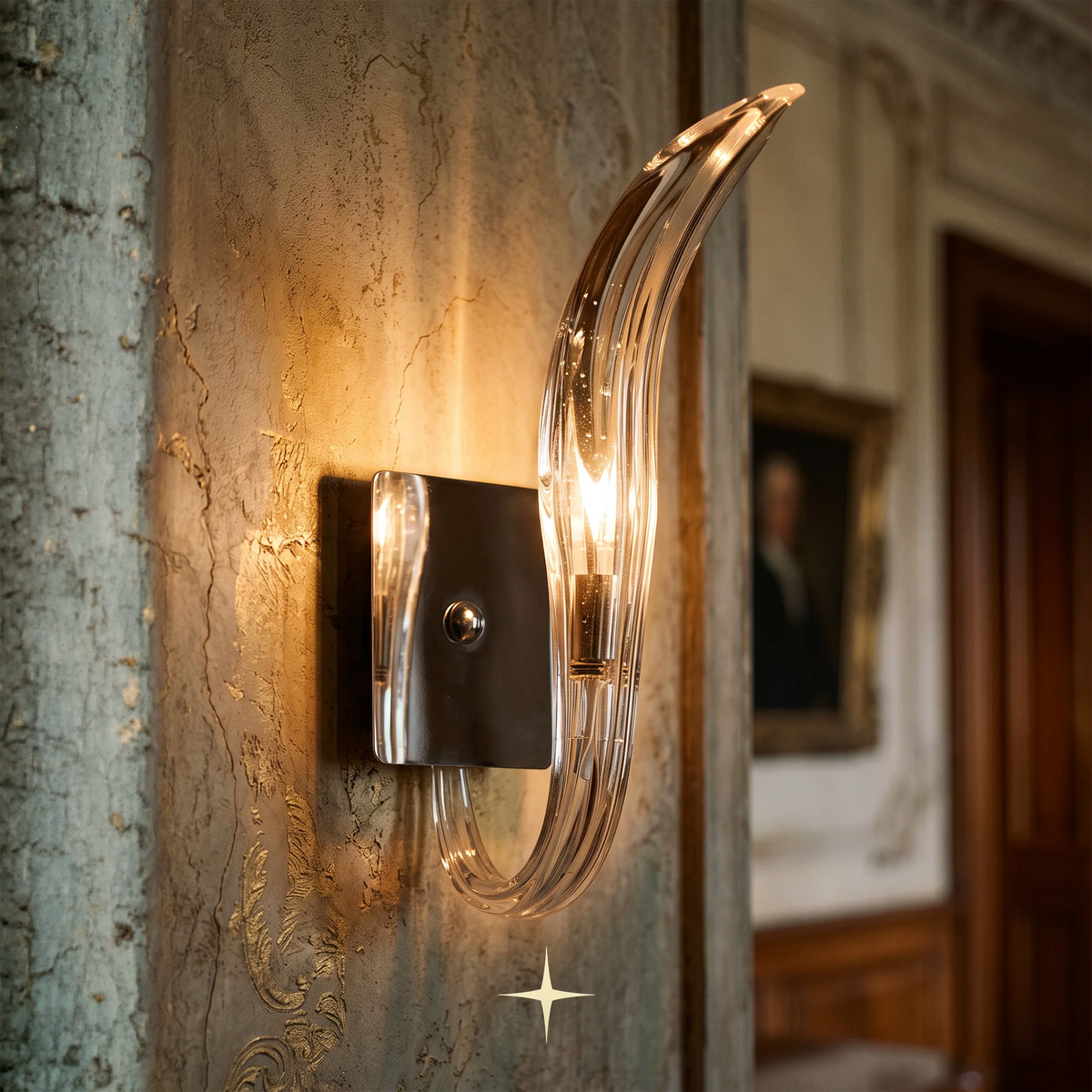 A modern wall sconce with a curved clear glass or acrylic element mounted on a square brushed metal plate, shown lit on a textured interior wall with a blurred hallway in the background.