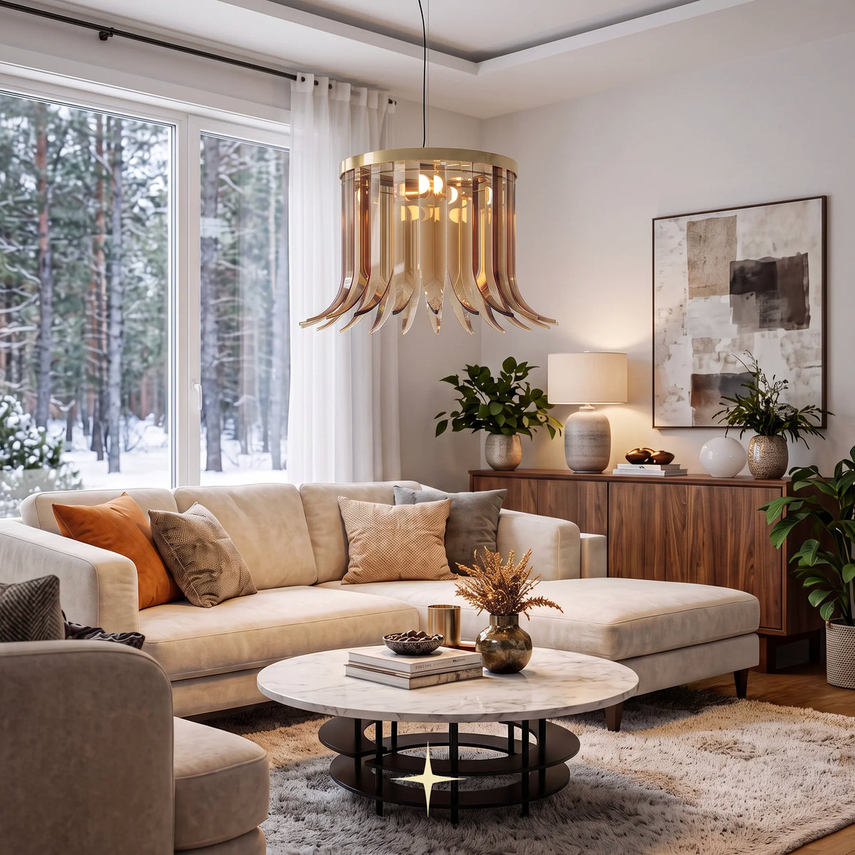 Elan Chandelier featuring chic dress-like golden crystal wings in circular and oval variations