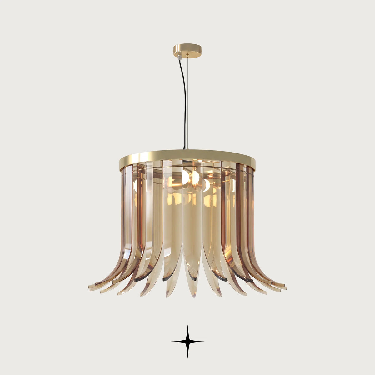 Elan Chandelier featuring chic dress-like golden crystal wings in circular and oval variations