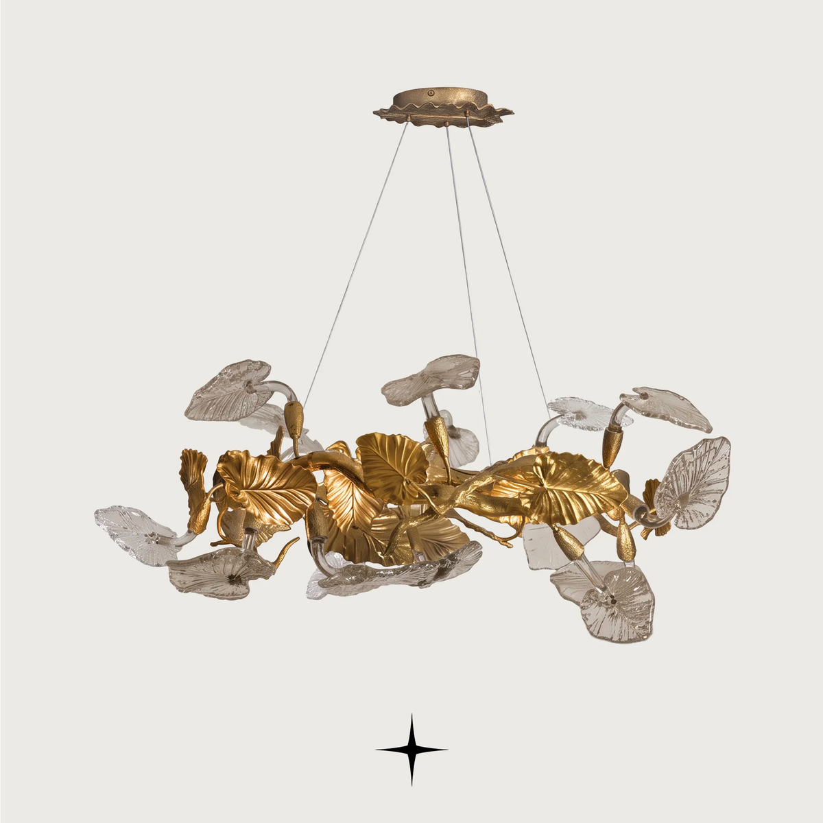 Side perspective view of Eldorado botanical branch chandelier with glowing crystal leaves
