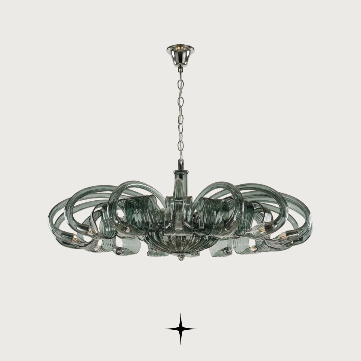 Eleanor Chandelier featuring intricate sapphire-green crystal arms in a luxurious modern design