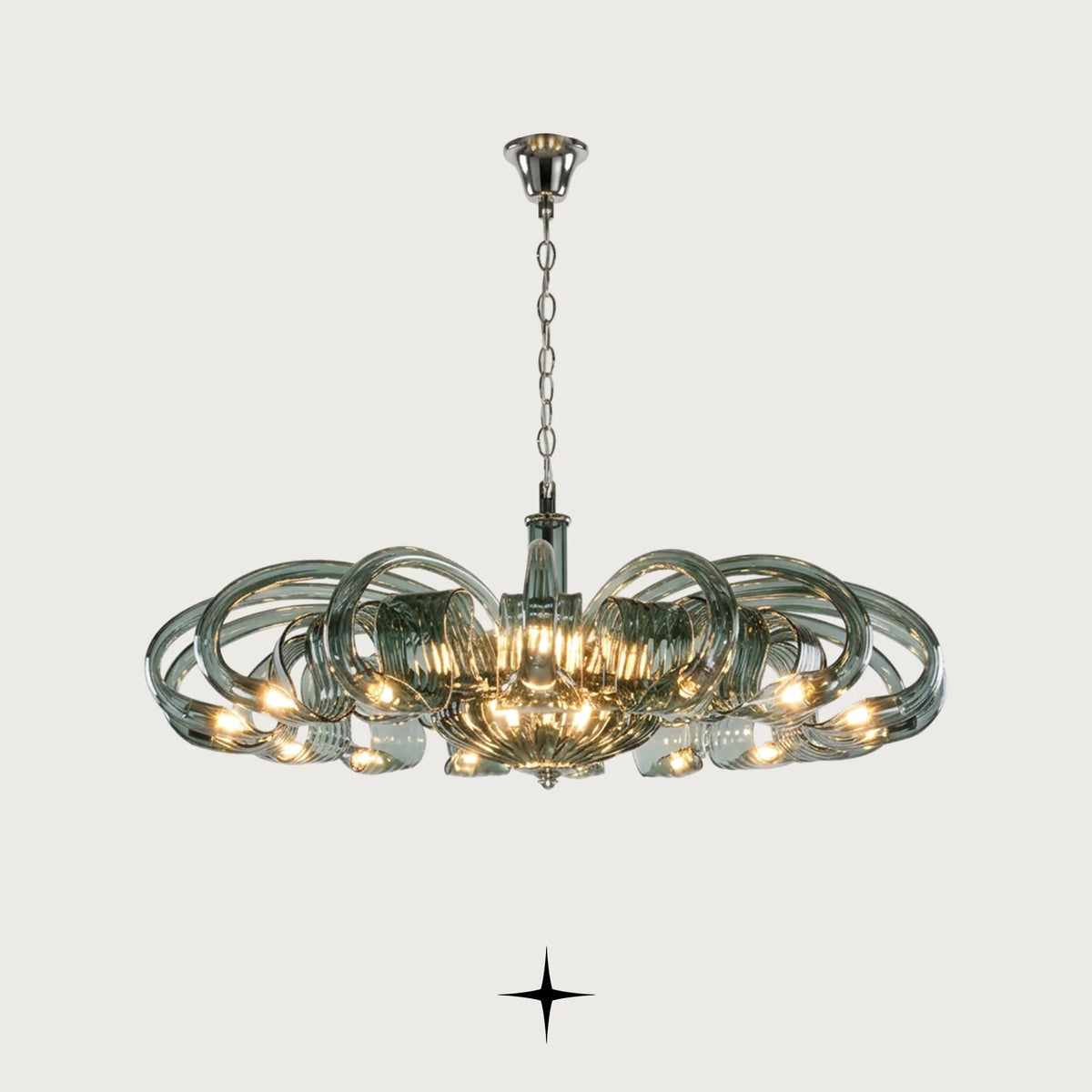Eleanor Chandelier featuring intricate sapphire-green crystal arms in a luxurious modern design