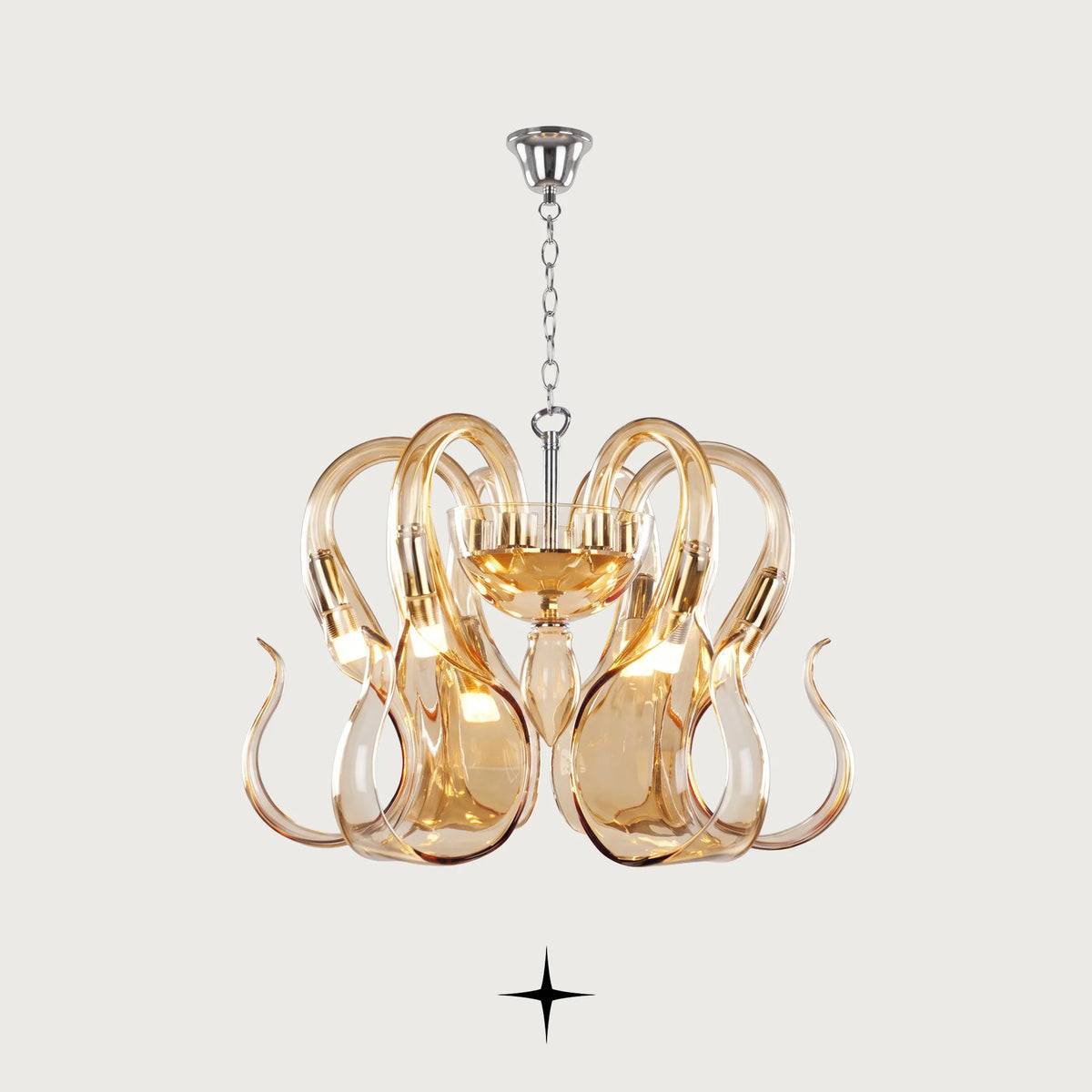 Elegant Matilda Chandelier featuring graceful elongated crystal arms in warm amber with 5-arm and 6-arm options