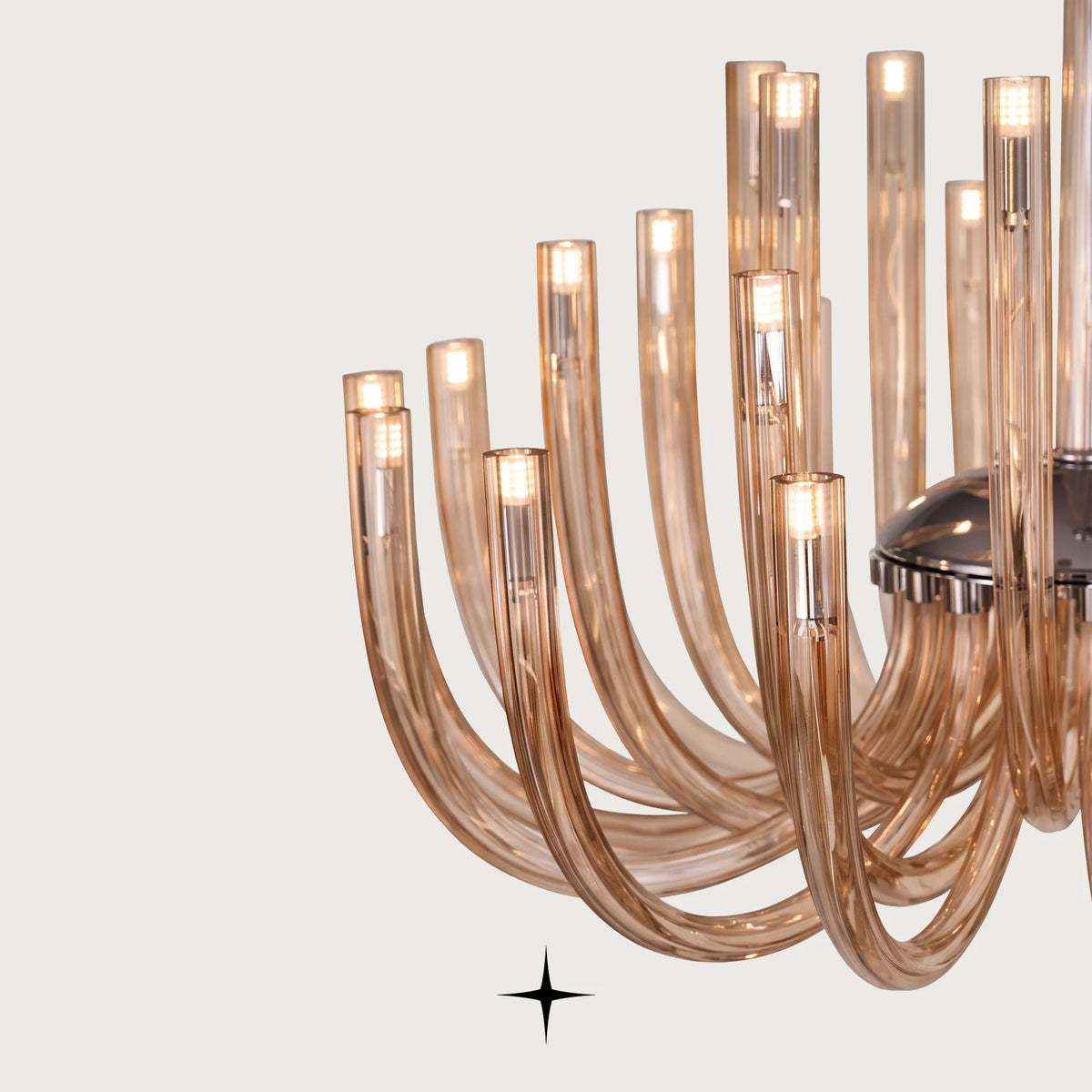 Bottom view of Elegant Bliss amber crystal chandelier highlighting radial glass tube arrangement