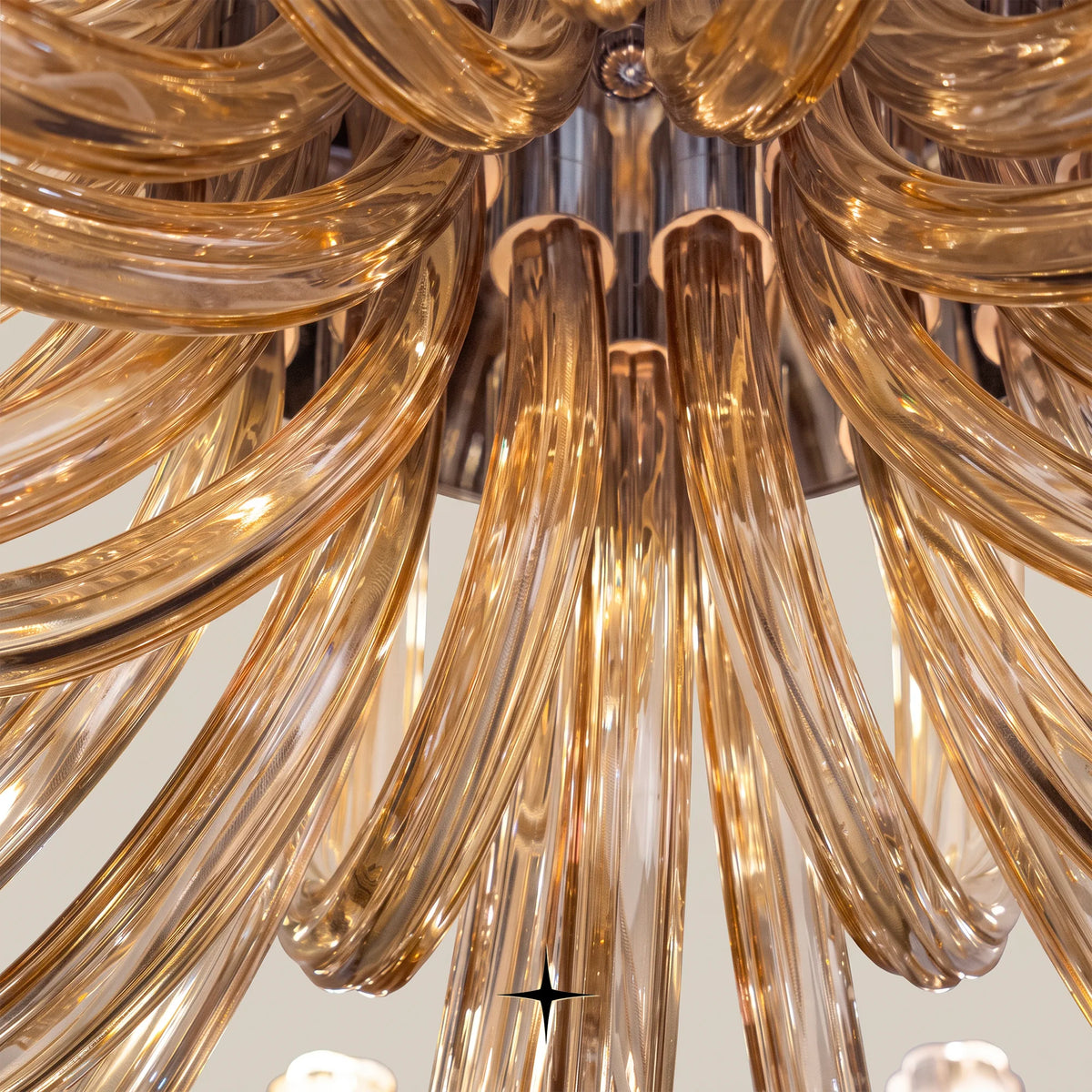 Bottom view of Elegant Bliss amber crystal chandelier highlighting radial glass tube arrangement
