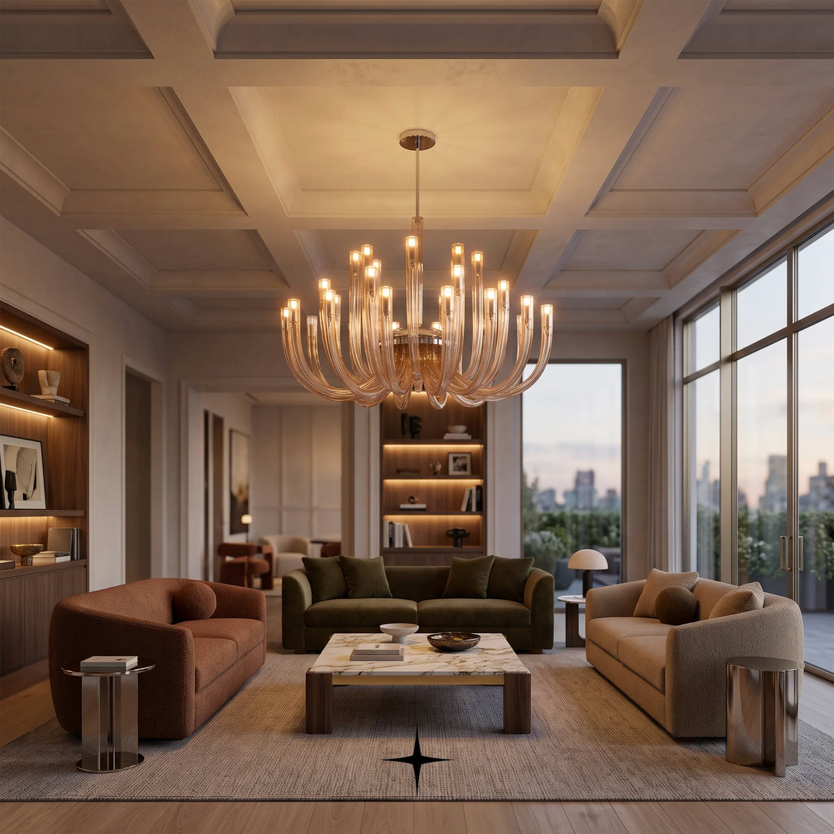 Elegant Bliss crystal chandelier suspended in a contemporary luxury living room interior
