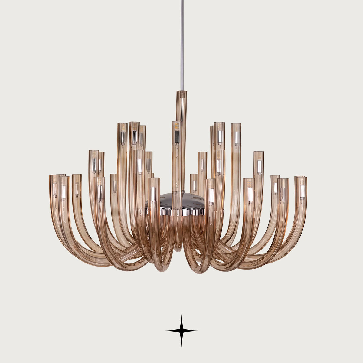 Elegant Bliss contemporary chandelier with amber ribbed crystal tubes and warm illumination