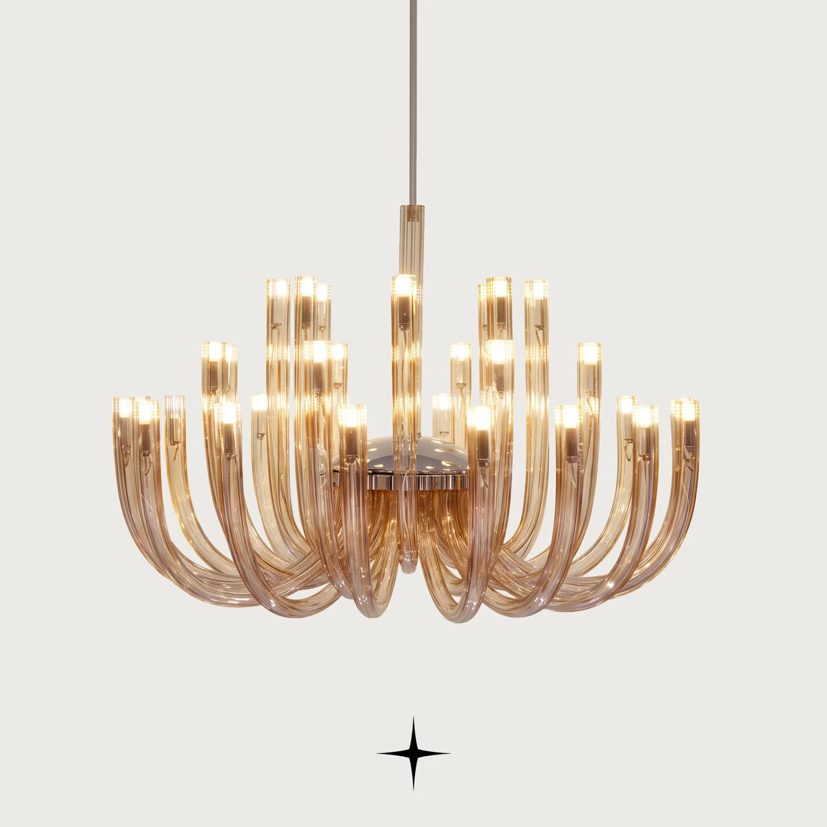 Elegant Bliss contemporary chandelier with amber ribbed crystal tubes and warm illumination