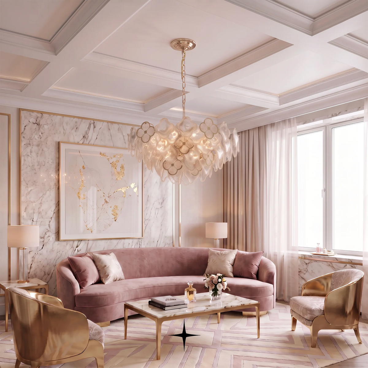 Elegant Bouquet luxury chandelier with Murano-style clear crystal glass flowers and gold frame