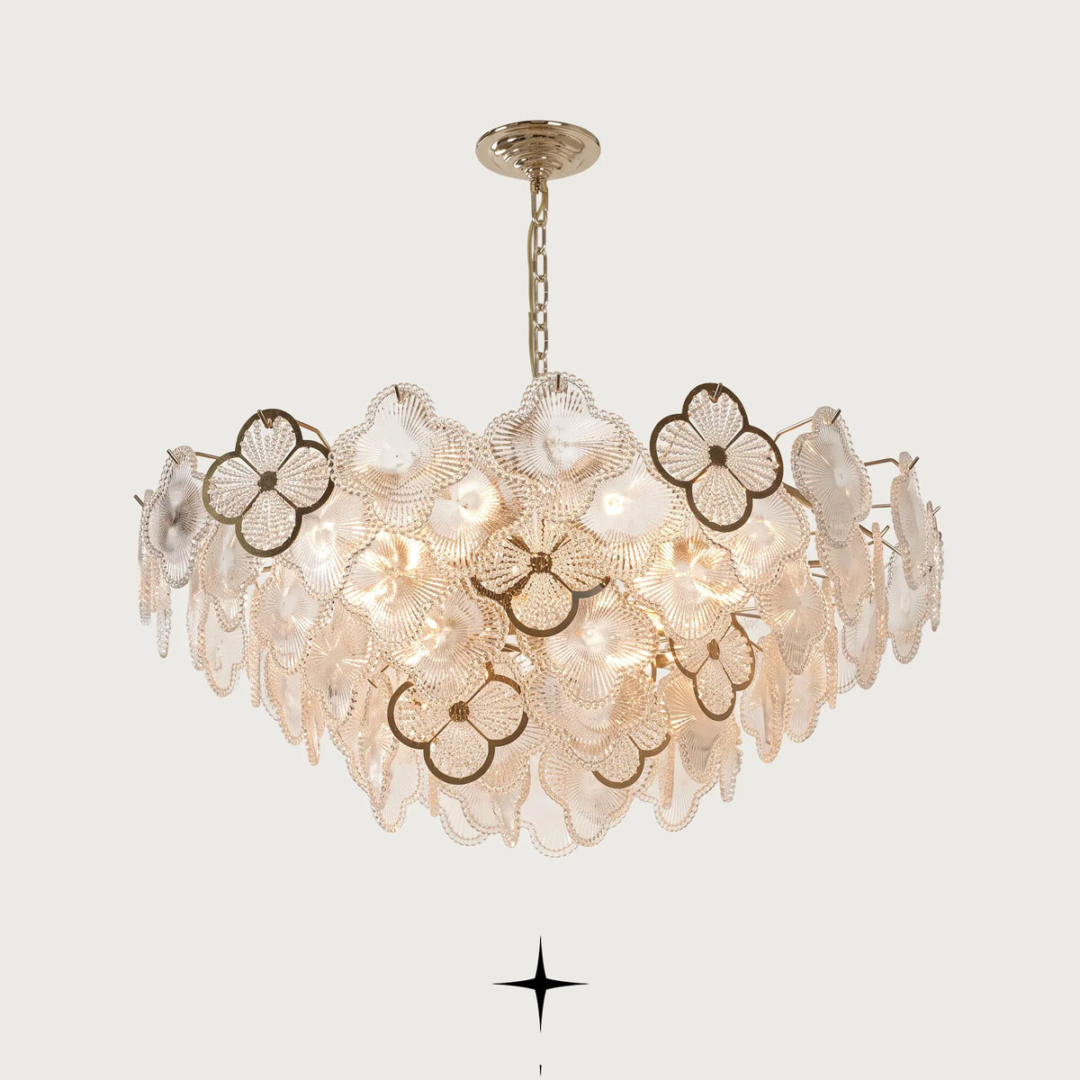 Elegant Bouquet Chandelier featuring Murano-style glass blossoms in brilliant clear crystal and a luxurious golden structure