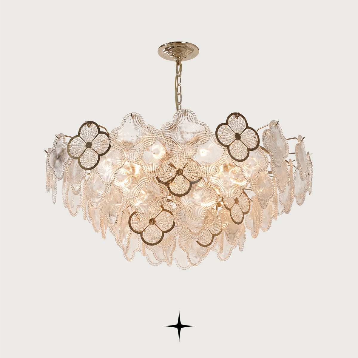 Elegant Bouquet luxury chandelier with Murano-style clear crystal glass flowers and gold frame
