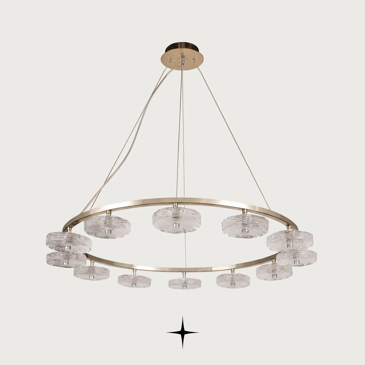 Elegant Charlotte large ring chandelier with golden nickel frame and Murano glass discs on dark background